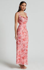 Nadine Midi Dress - Cowl Neck Low Back Mesh Slip Dress in Pink Floral
