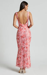 Nadine Midi Dress - Cowl Neck Low Back Mesh Slip Dress in Pink Floral