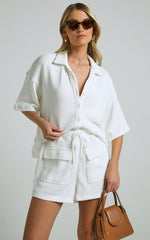 Kahlani Two Piece Set - Collared Short Sleeve and High Waisted Shorts in White