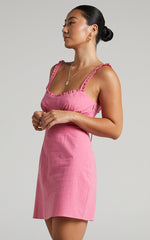 Jacqueline Mini Dress - Ruched Bust Frill Detail A Line Dress in Pink