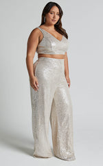 Abela Two Piece Set - Crop Top and Wide Leg Pants Set in Silver Sequin