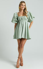 Amalie The Label - Hamyya Linen Tie Back Puff Sleeve Mini Linen Dress in Sage