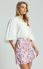 Amalie The Label - Hanae Linen Blend Collared Button Through Puff Sleeve Shirt in White