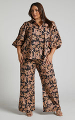 Amalie The Label - Janae Linen Blend Collared Puff Sleeve Button Up Shirt in Kora Print