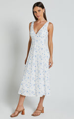 Becca Midi Dress - Ruched Bust Sleeveless V Neck Dress in Blue Print