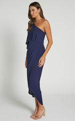 Belmira Midi Dress - One Shoulder Asymmetrical Short Sleeve Split Dress in Navy