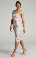 Brunetta Midi Dress - Strapless Mesh Dress in Retro Swirl