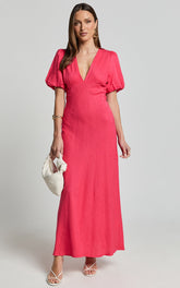 Celeste Midi Dress - Plunge Neck Short Puff Sleeve Linen Blend Dress in Berry