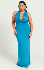 Sylvana Maxi Dress - Cowl Halter Neck Bodycon Dress in Blue