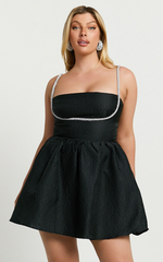 Cora Mini Dress - Diamante Detail Textured Mini Dress in Black