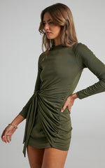 Marleen Mini Dress - Wrap Front Long Sleeve Bodycon Dress in Khaki