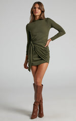 Marleen Mini Dress - Wrap Front Long Sleeve Bodycon Dress in Khaki