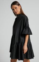 Elowen Mini Dress - Button Up Asymmetrical Tiered Smock Dress in Black