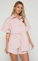 Elsa Two Piece Set - Oversized Button Through Short Sleeve Shirt High Waisted Shorts in Pale Pink