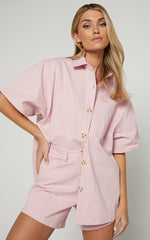 Elsa Two Piece Set - Oversized Button Through Short Sleeve Shirt High Waisted Shorts in Pale Pink