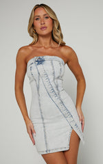 Erline Mini Dress - Asymmetric Strapless Denim Dress in Acid Blue Wash