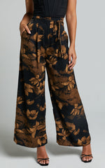 Etta Pants - High Waist Wide Leg Satin Pants in Amber Floral Print