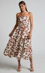 Evita Midi Dress - Ruched High Split Strapless Dress in Multi