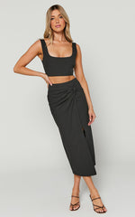 Gibson Two Piece Top and Skirt Set - Linen Crop Top and Knot Front Midi Skirt Set in Black