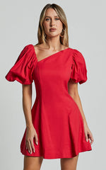 Harlow Mini Dress - Asymmetric Puff Sleeve Flare Dress in Red