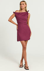 Jeofina Mini Dress - Off The Shoulder Linen Look Dress in Merlot