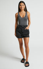 Kerrie Bodysuit - V Neck Bodysuit in Charcoal