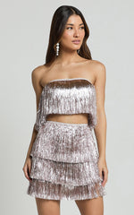 Peggy Two Piece Set - Fringe Strapless Top and Mini Skirt Set in Pink