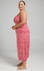 Willa Midi Dress - Ruched Bust Thigh Split Dress in Red Floral