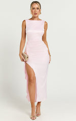 Rexa Midi Dress - Open Back Satin Midi Dress with Ruffle Detail in Pink