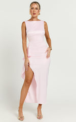 Rexa Midi Dress - Open Back Satin Midi Dress with Ruffle Detail in Pink