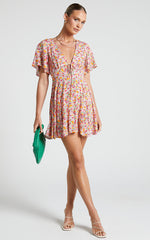 Rosario Mini Dress - Flutter Sleeve V Neck Dress in White Floral
