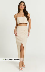 Sabrina Two Piece Top and Skirt Set - Linen Straight Neck Crop Top and Wrap Front Split Midi Skirt in Natural