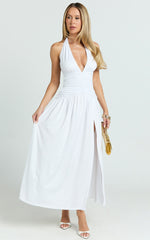 Sandy Midi Dress - Halter Plunge Fit And Flare Dress in White
