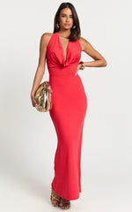 Sylvana Maxi Dress - Cowl Halter Neck Bodycon Dress in Red