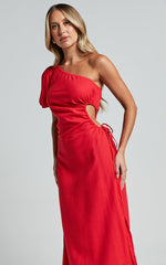 Victoria Midi Dress - Linen One Shoulder Puff Sleeve Cut Out Dress in Red