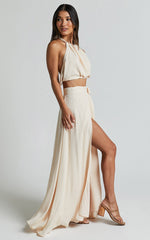 Wenalyn Two Piece Set - Halter Neck Crop Top and Thigh Split Midi Skirt Set in Natural