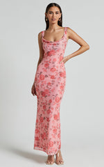Nadine Midi Dress - Cowl Neck Low Back Mesh Slip Dress in Pink Floral