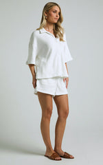 Kahlani Two Piece Set - Collared Short Sleeve and High Waisted Shorts in White