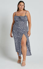 Willa Midi Dress - Ruched Bust Thigh Split Dress in Blue Floral
