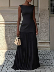 Livette - Boat Neck Pleated Maxi Dress