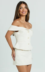 Aleena Top - Boucle Off Shoulder Button Detail Top in Cream