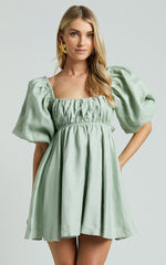 Amalie The Label - Hamyya Linen Tie Back Puff Sleeve Mini Linen Dress in Sage