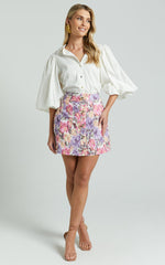 Amalie The Label - Hanae Linen Blend Collared Button Through Puff Sleeve Shirt in White
