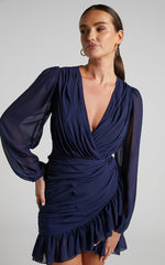 Can I Be Your Honey Mini Dress - Plunge Balloon Sleeve Dress in Navy