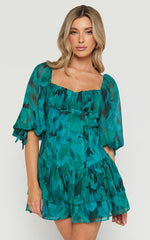Clabelle Mini Dress - Puff Sleeve Tiered Ruffle Hem Sweetheart Dress in Emerald Blur Floral