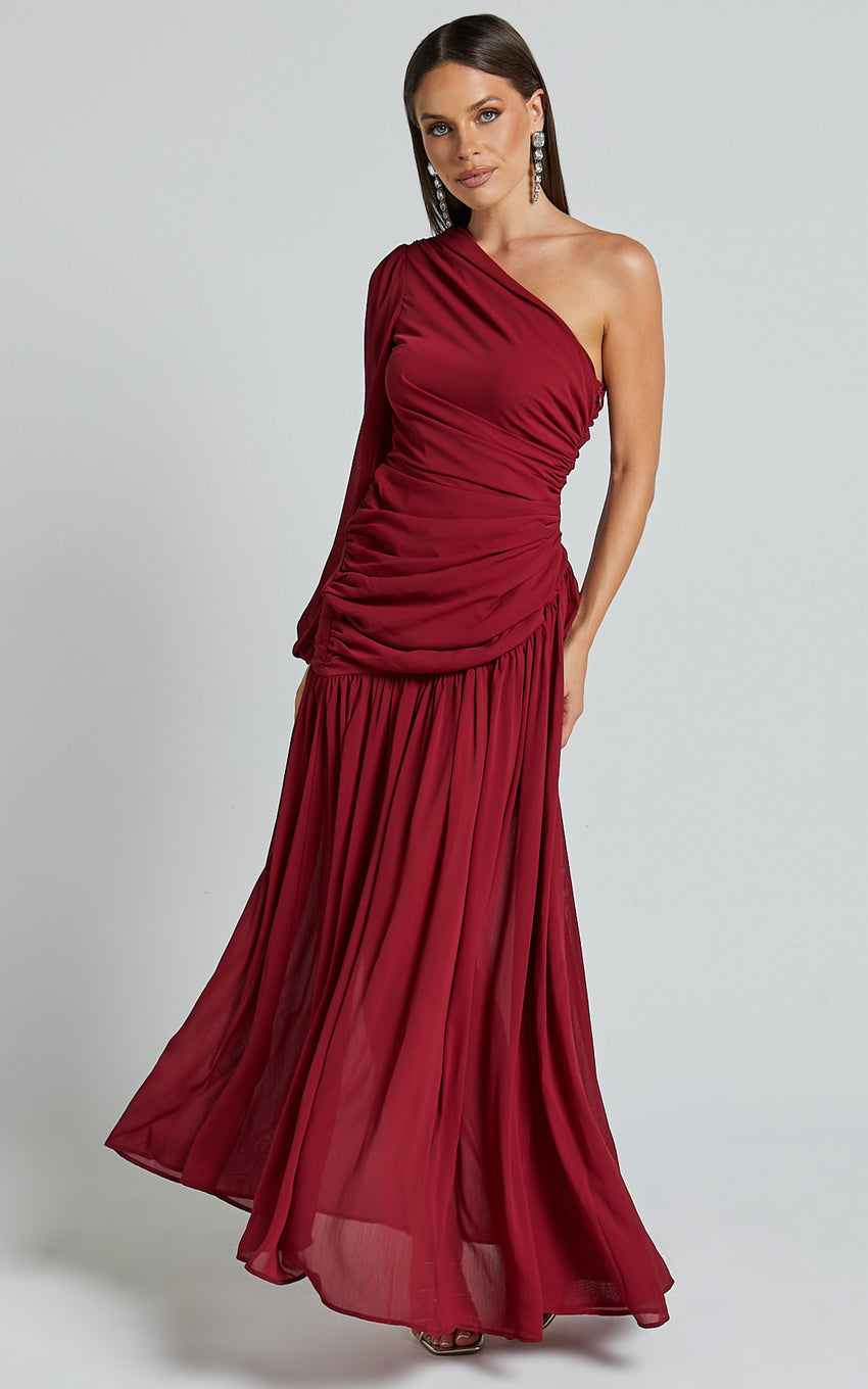 Grittah Maxi Dress - One Shoulder Bishop Sleeve High Split Ruched Dress in Wine