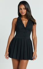 Hannah Mini Dress - Tailored Button Down Pleated Mini Dress in Black