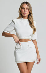 Jaden Two Piece Set - High Neck Crop Top and Pearl Trim Detail Mini Skirt Set in White