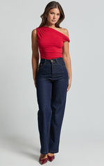 Jialeen Top - Off Shoulder Twist Asymmetrical Sleeve Top in Red