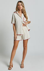 Josie Shirt - Linen Look Red Trim Pocket Detail Button Up Shirt in Cream & Red Print